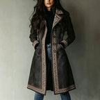 Indra - Women's Faux Suede Geometric Embroidered Long Coat 4