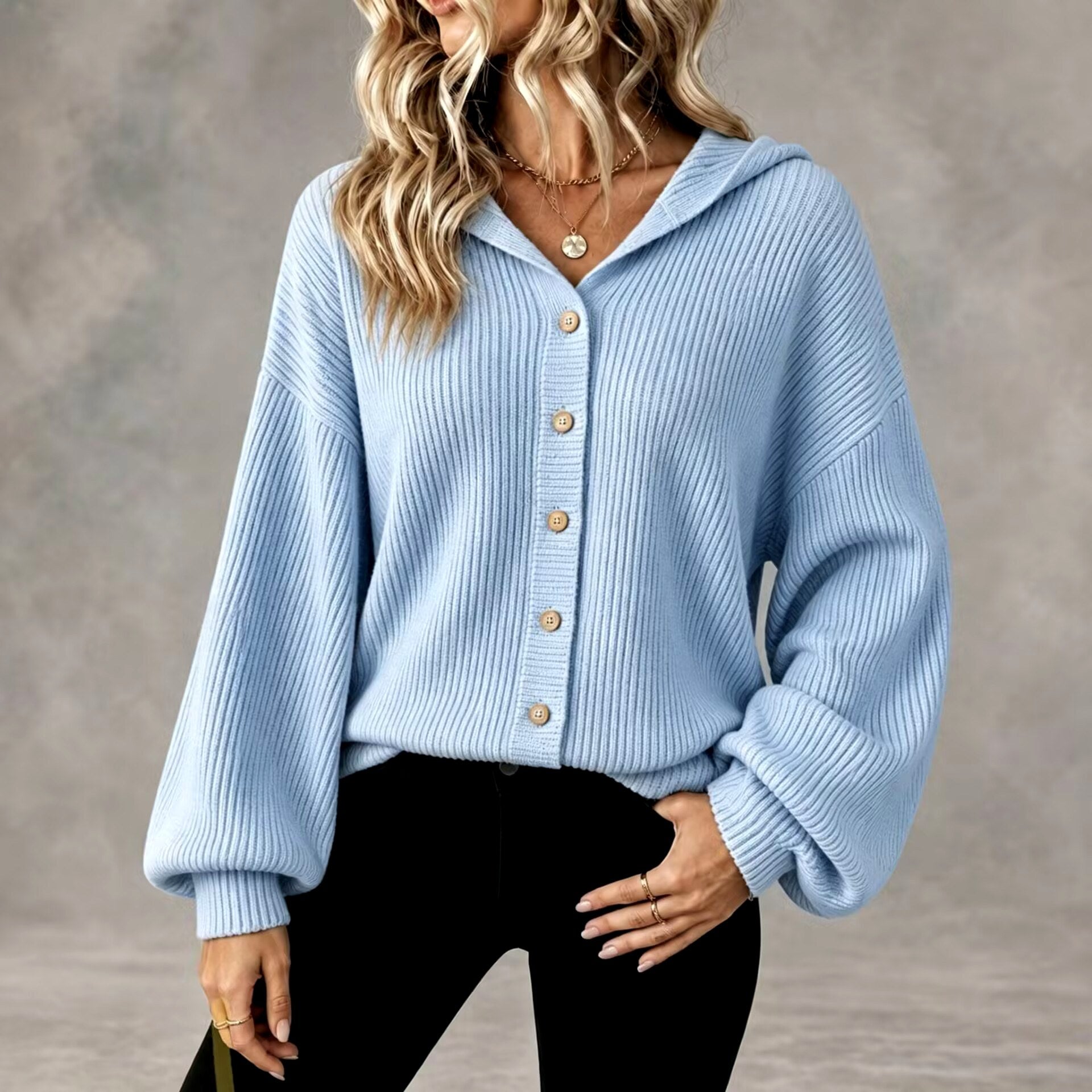 Iona - Women's Ribbed Hooded Button-Front Cardigan 2