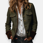 Janelle - Women's Military-Inspired Herringbone Jacket with Velvet Cuff Trim