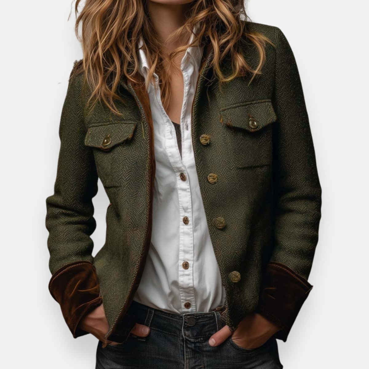 Janelle - Women's Military-Inspired Herringbone Jacket with Velvet Cuff Trim