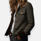 Janelle - Women's Military-Inspired Herringbone Jacket with Velvet Cuff Trim