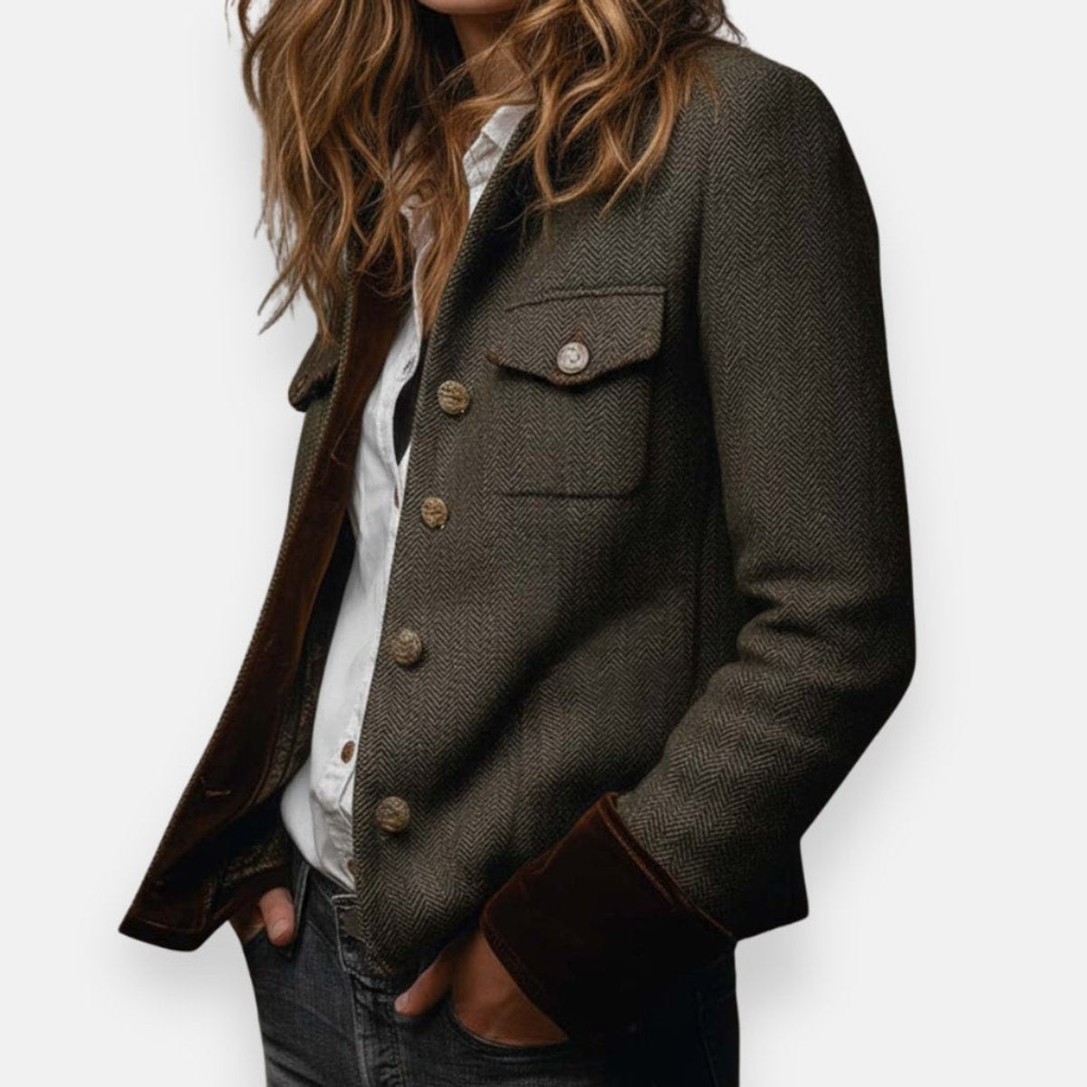 Janelle - Women's Military-Inspired Herringbone Jacket with Velvet Cuff Trim
