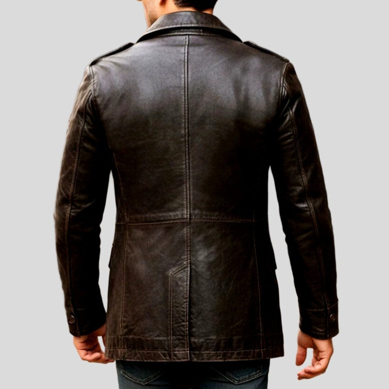 Julius - Men's Double-Breasted Leather Coat with Buttons and Pockets 10