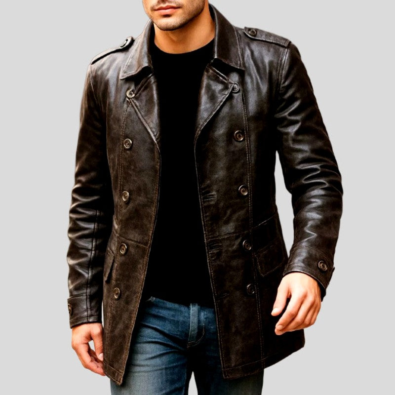 Julius - Men's Double-Breasted Leather Coat with Buttons and Pockets 9