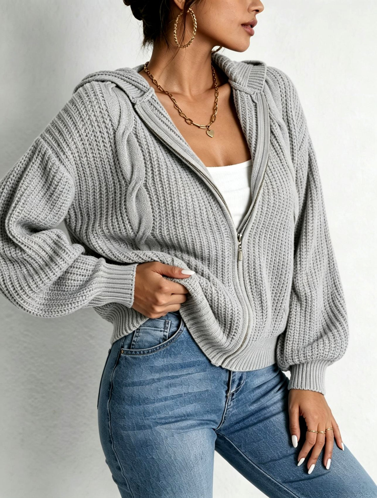 Karlyn - Women's Chunky Cable-Knit Full-Zip Hooded Cardigan 2