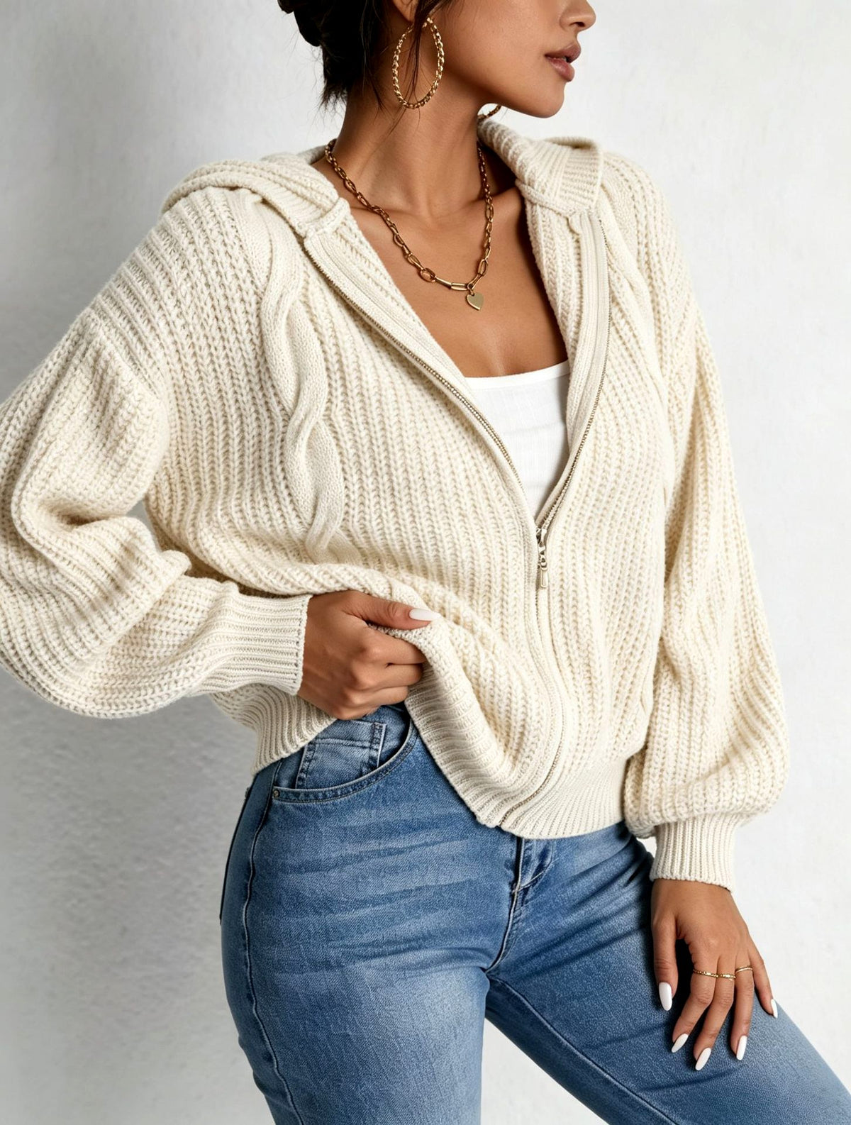 Karlyn - Women's Chunky Cable-Knit Full-Zip Hooded Cardigan 3