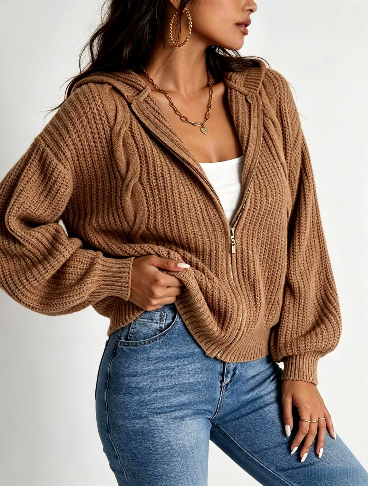 Karlyn - Women's Chunky Cable-Knit Full-Zip Hooded Cardigan 4