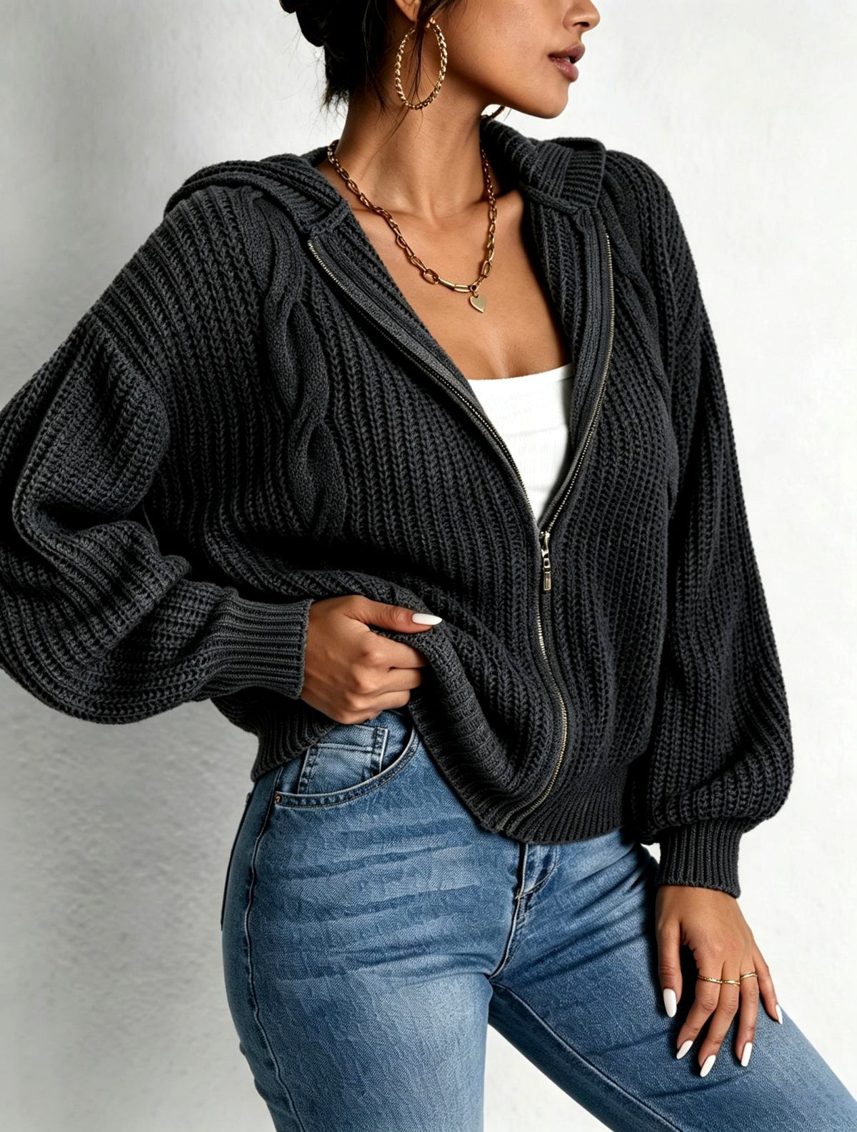 Karlyn - Women's Chunky Cable-Knit Full-Zip Hooded Cardigan 5
