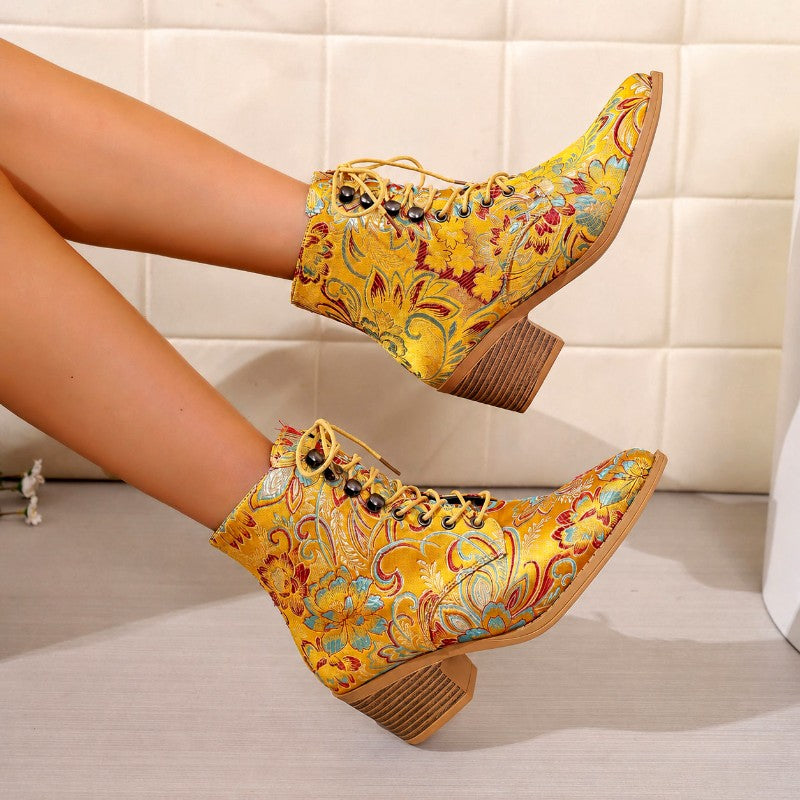 Katarina - Women’s Floral Print Lace-Up Block Heel Boots 1