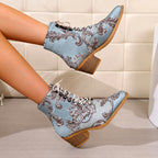 Katarina - Women’s Floral Print Lace-Up Block Heel Boots 3