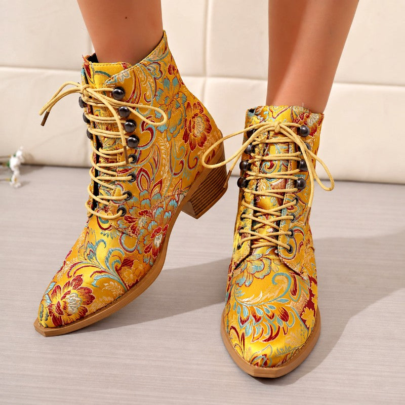 Katarina - Women’s Floral Print Lace-Up Block Heel Boots 4