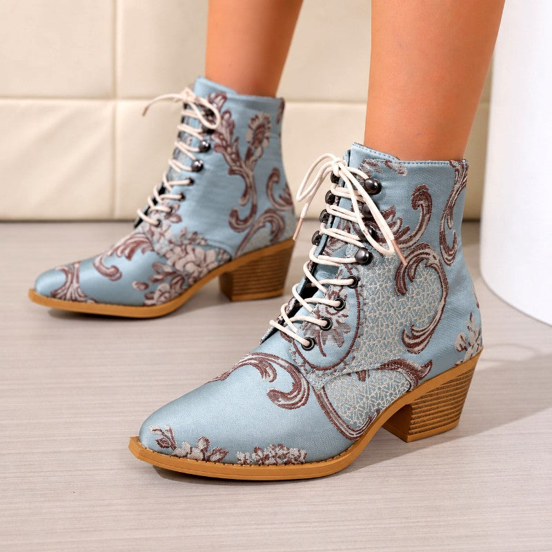 Katarina - Women’s Floral Print Lace-Up Block Heel Boots 6