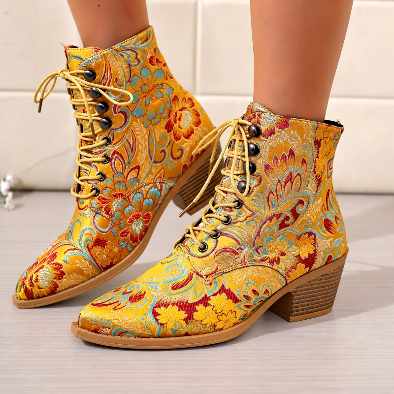 Katarina - Women’s Floral Print Lace-Up Block Heel Boots 7