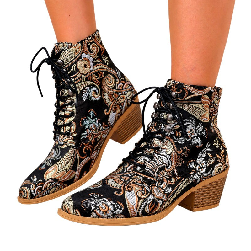 Katarina - Women’s Floral Print Lace-Up Block Heel Boots 8