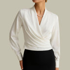 Kath - Women's Crossover V-Neck Satin Blouse with Buttoned Cuffs