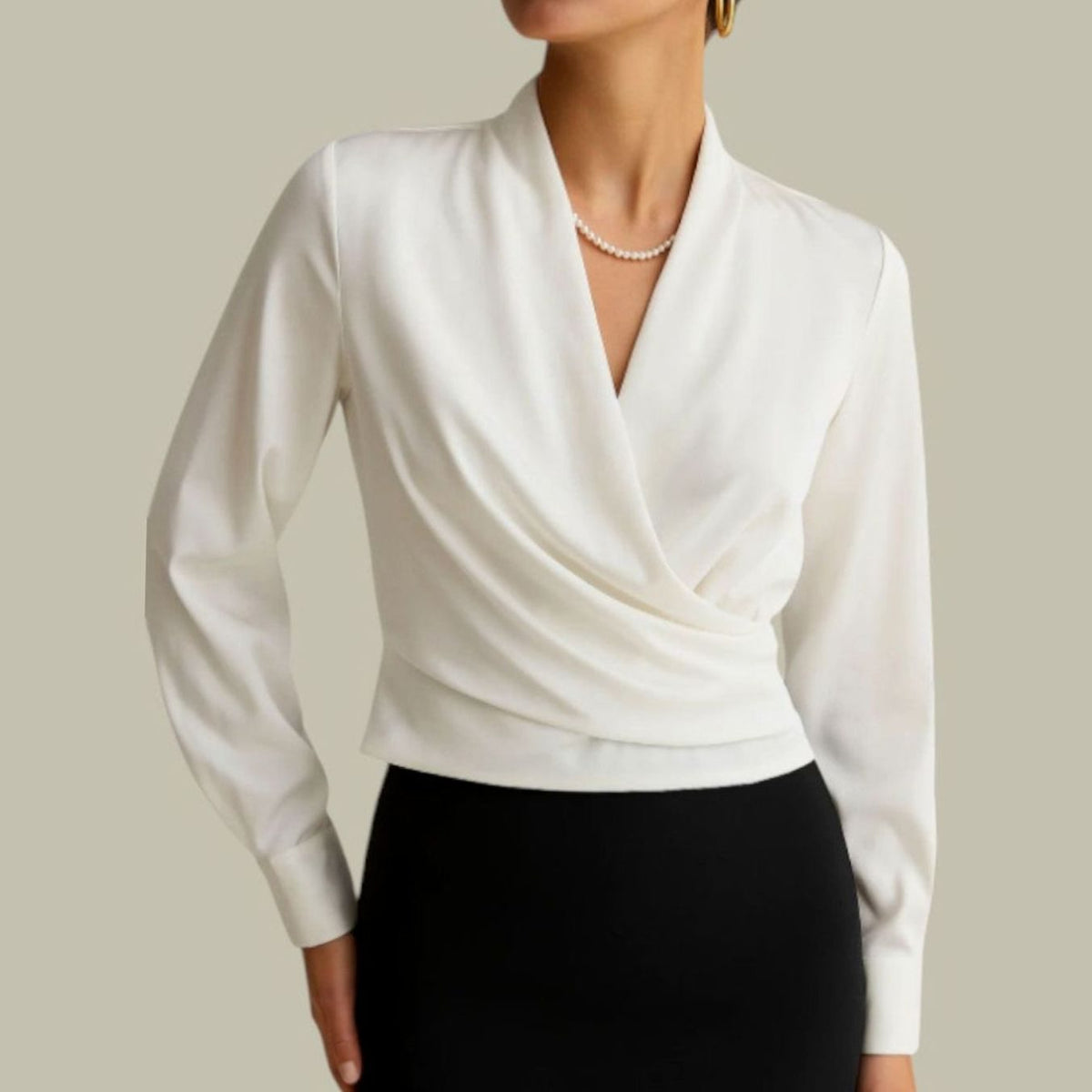 Kath - Women's Crossover V-Neck Satin Blouse with Buttoned Cuffs