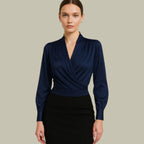 Kath - Women's Crossover V-Neck Satin Blouse with Buttoned Cuffs