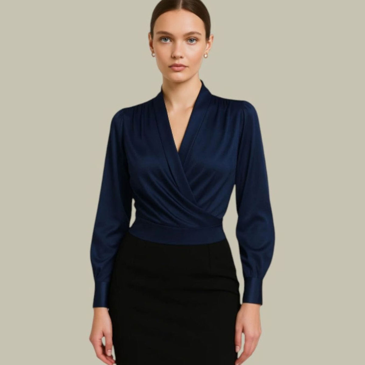 Kath - Women's Crossover V-Neck Satin Blouse with Buttoned Cuffs