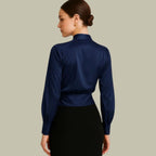 Kath - Women's Crossover V-Neck Satin Blouse with Buttoned Cuffs