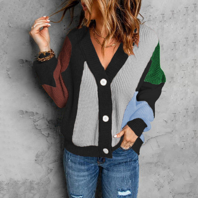Kiera - Women's Colorblock Button-Up Cardigan with Ribbed Texture