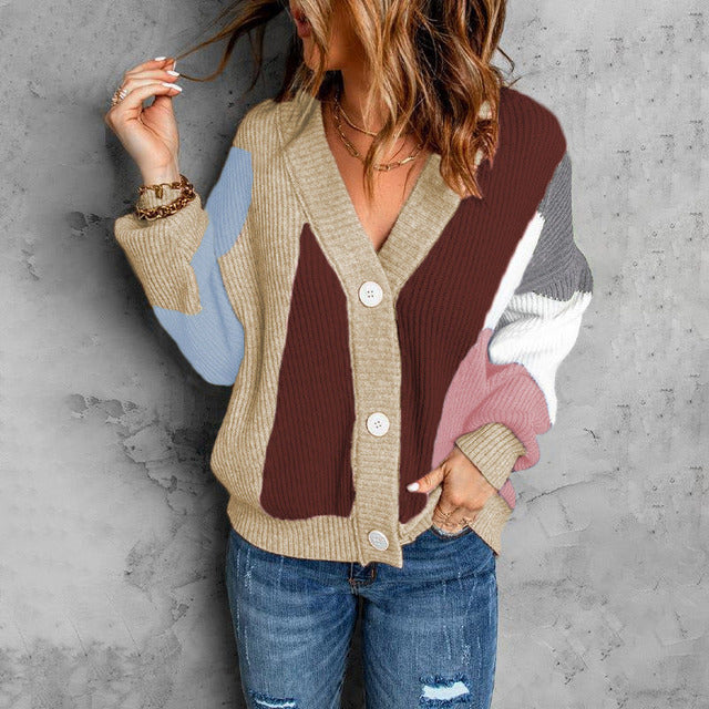 Kiera - Women's Colorblock Button-Up Cardigan with Ribbed Texture
