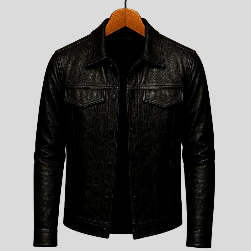 Laurence - Men's Leather Trucker Jacket with Flap Pockets 10