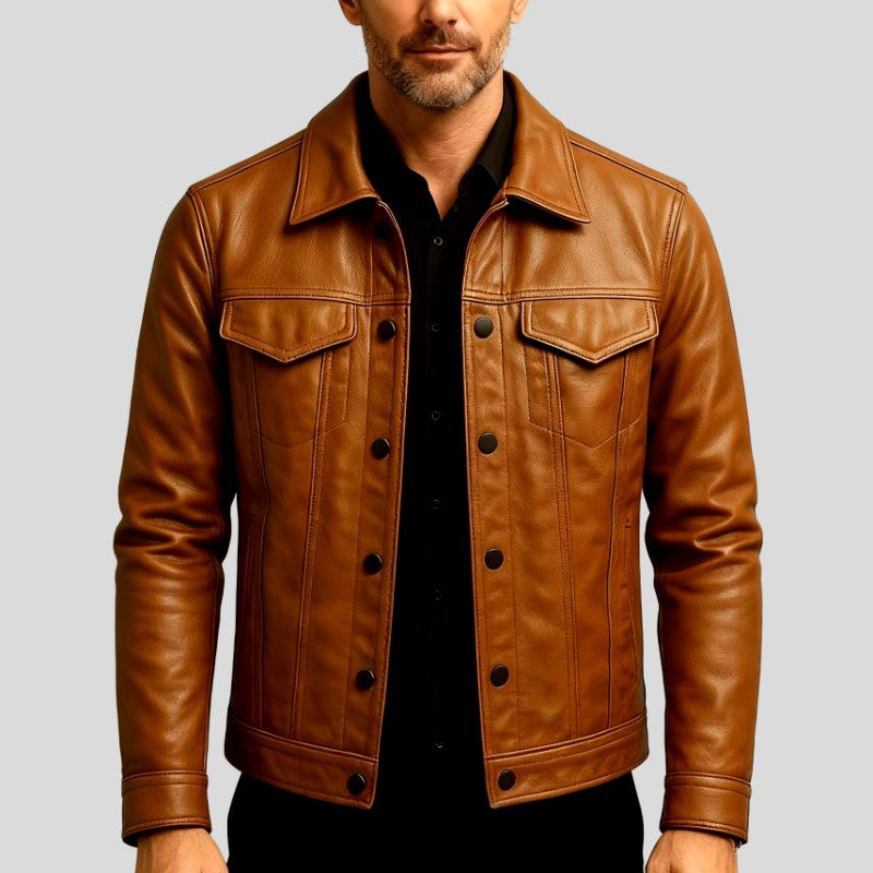 Laurence - Men's Leather Trucker Jacket with Flap Pockets 11