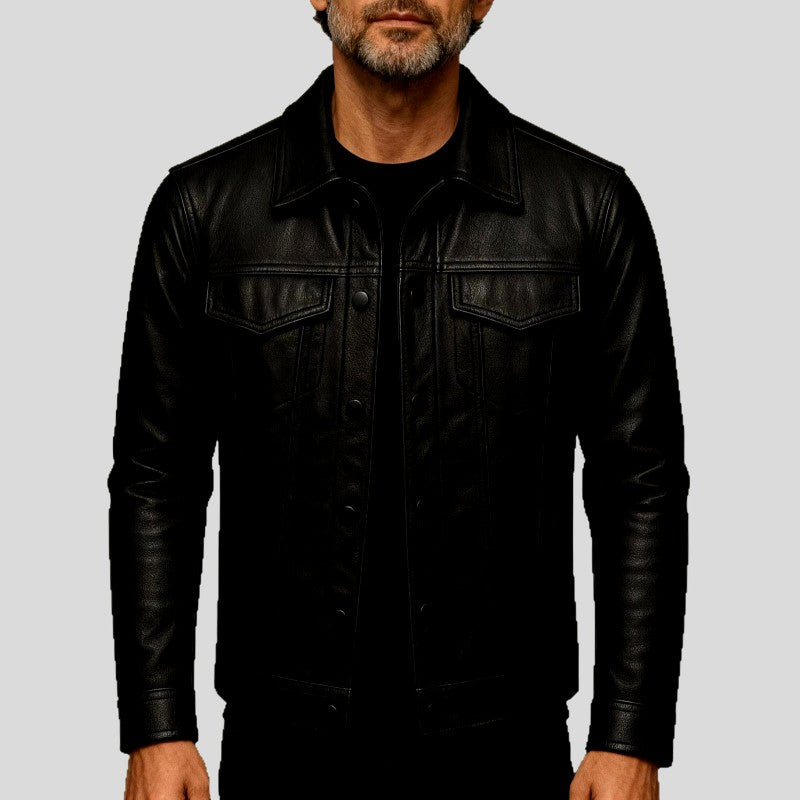Laurence - Men's Leather Trucker Jacket with Flap Pockets 12