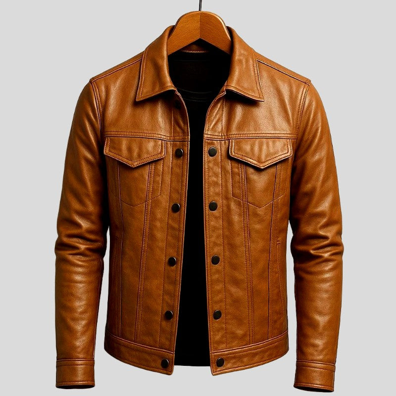 Laurence - Men's Leather Trucker Jacket with Flap Pockets 9
