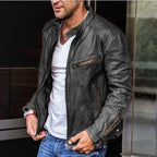 Leandro - Men's Snap-Collar Leather Jacket with Zip Pockets