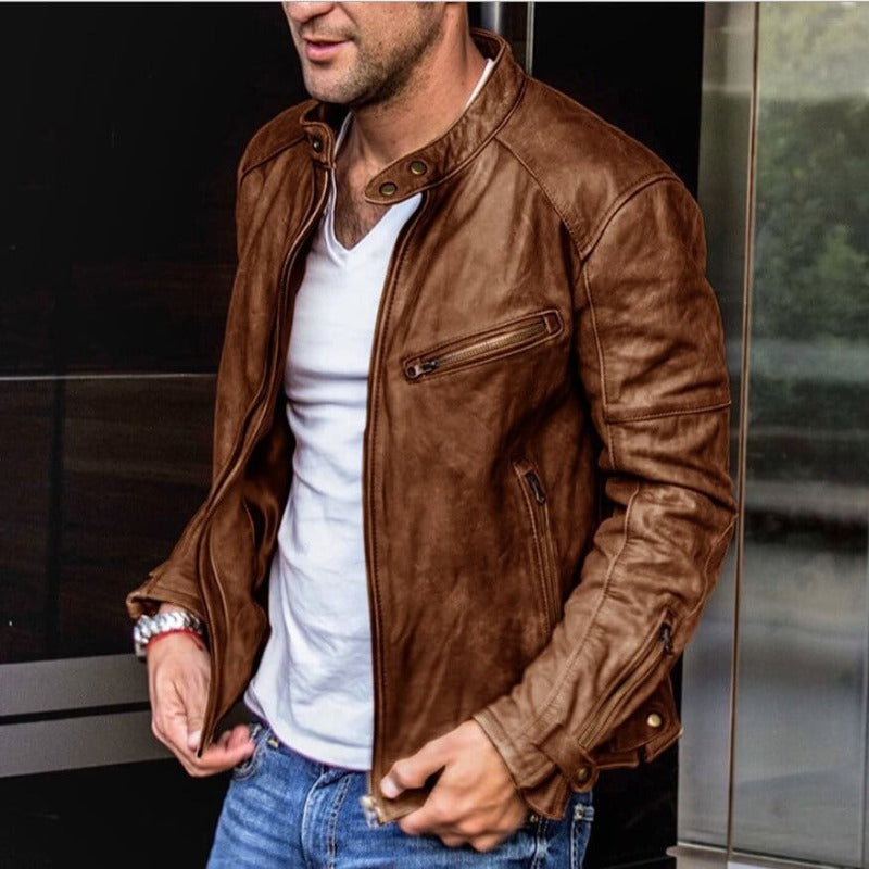 Leandro - Men's Snap-Collar Leather Jacket with Zip Pockets