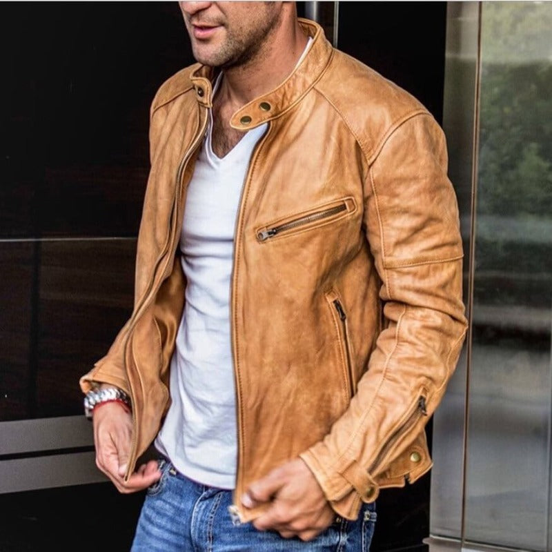 Leandro - Men's Snap-Collar Leather Jacket with Zip Pockets