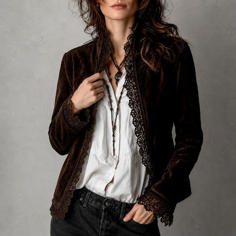 Lena - Women's Faux Suede Lace Trim Jacket 2
