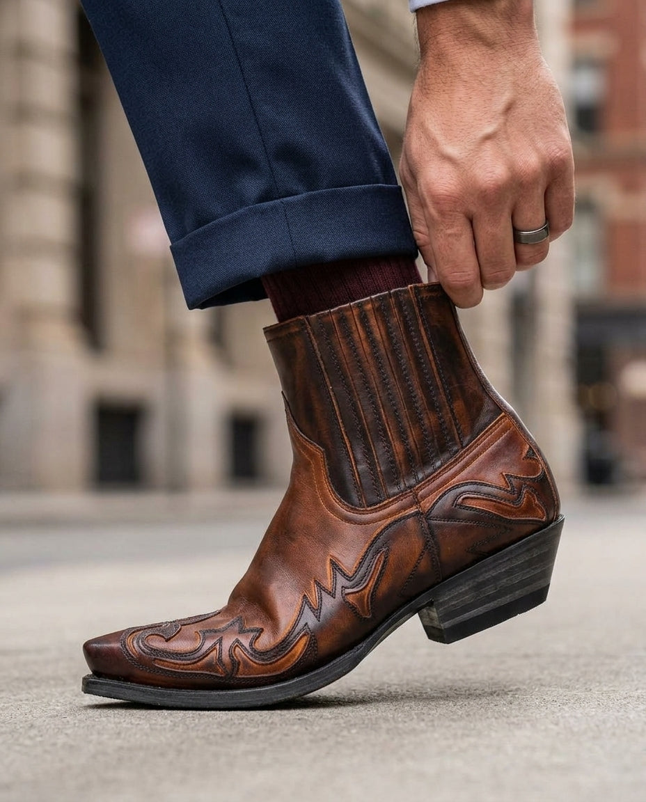 Lester - Men's Burnished Leather Western Ankle Boots