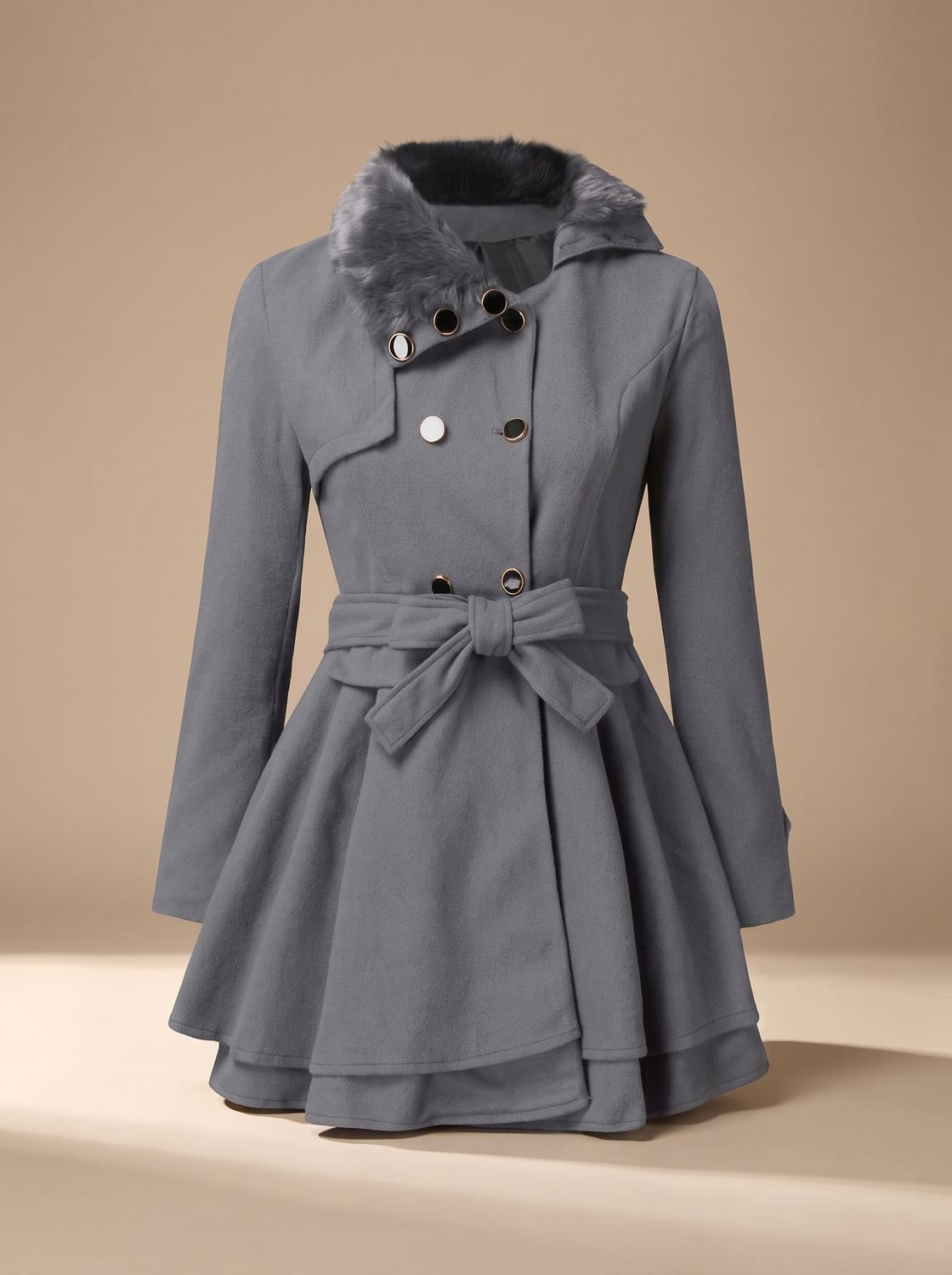 Lorelei - Women's Double-Breasted Faux-Fur Collar Coat