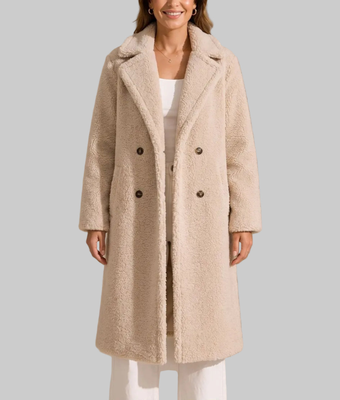 Lucinda - Women's Longline Boucle Coat with Notch Lapels