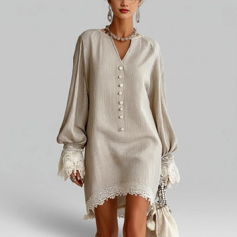Luisa - Women's Lace-Trim Button-Front V-Neck Dress 3