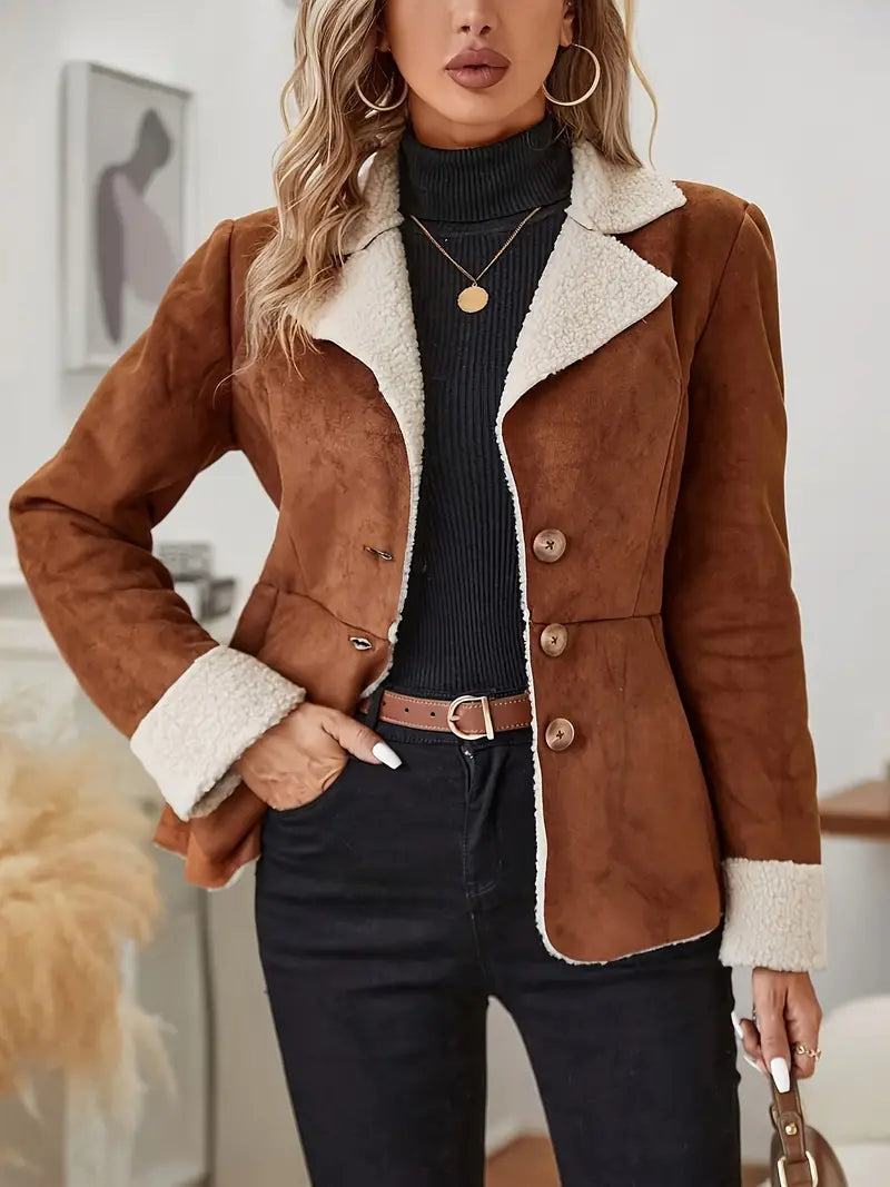 Magnolia - Women's Suede Blazer with Sherpa Collar and Cuff Details