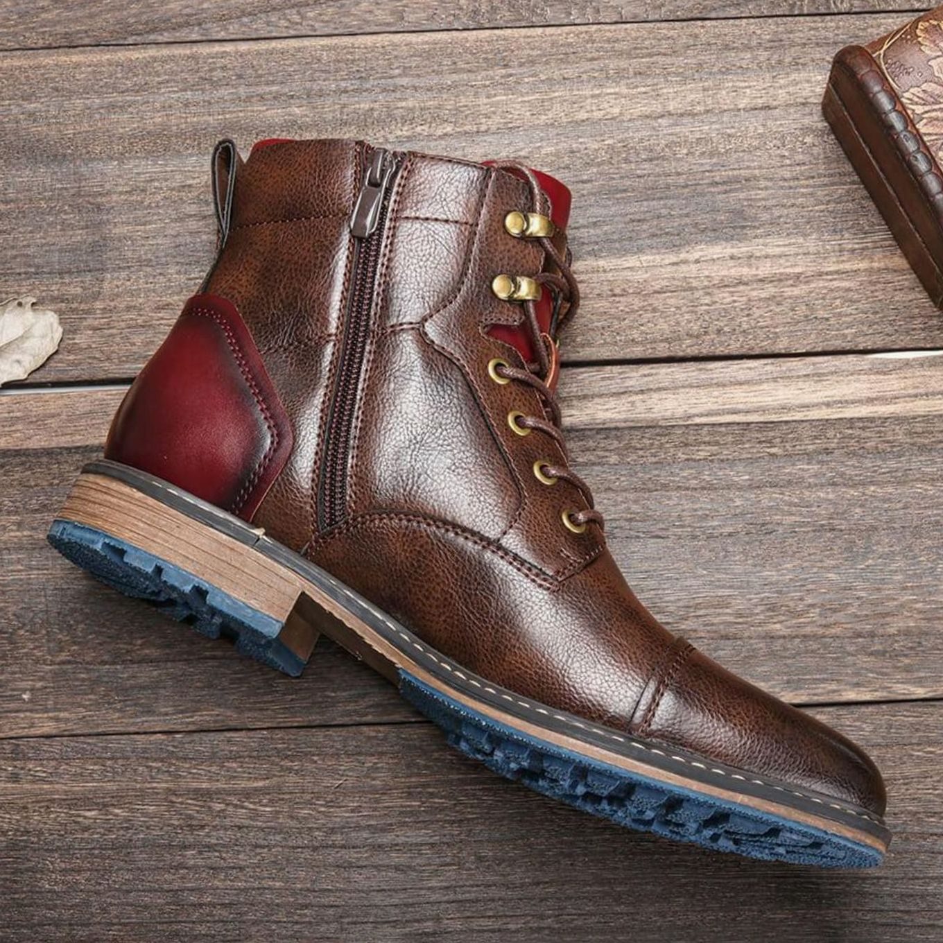 Marco - Men's Dual-Zip Lace-Up Cap-Toe Leather Ankle Boots