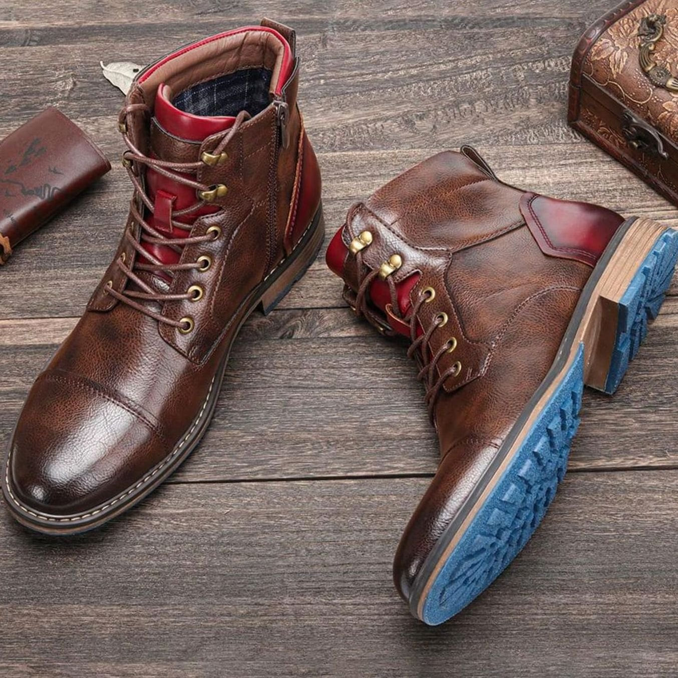 Marco - Men's Dual-Zip Lace-Up Cap-Toe Leather Ankle Boots