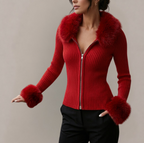 Marguerite - Women's Ribbed Zip Cardigan with Faux Fur Collar