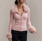 Marguerite - Women's Ribbed Zip Cardigan with Faux Fur Collar