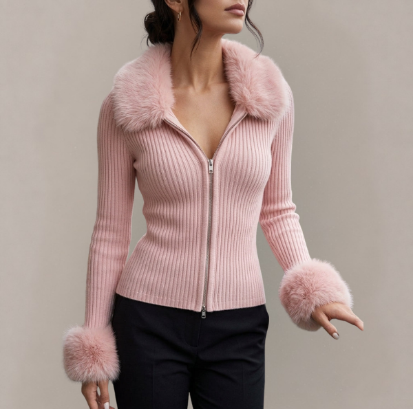 Marguerite - Women's Ribbed Zip Cardigan with Faux Fur Collar