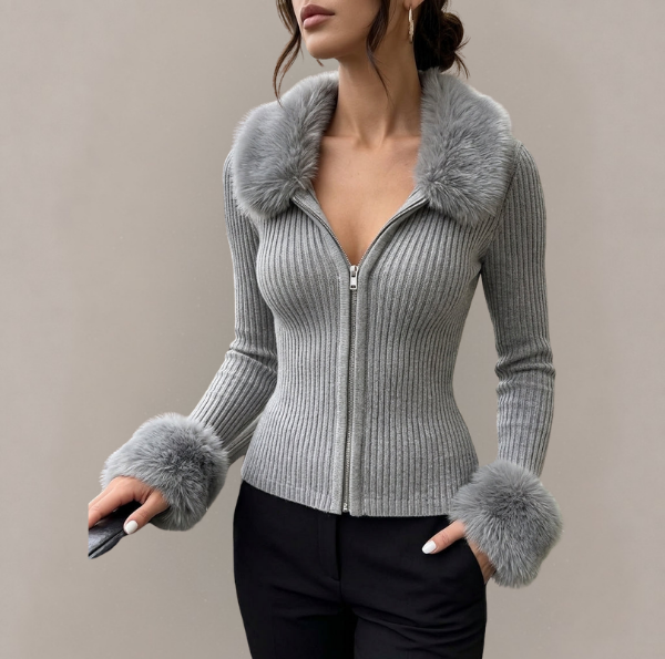 Marguerite - Women's Ribbed Zip Cardigan with Faux Fur Collar