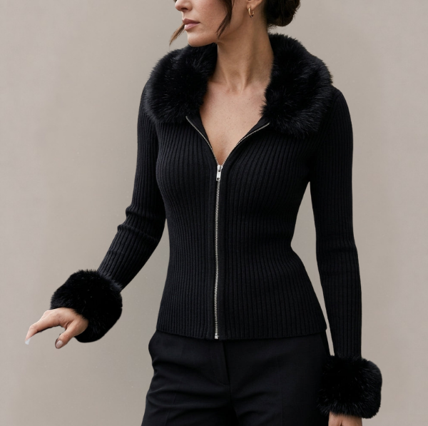 Marguerite - Women's Ribbed Zip Cardigan with Faux Fur Collar