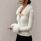 Marguerite - Women's Ribbed Zip Cardigan with Faux Fur Collar