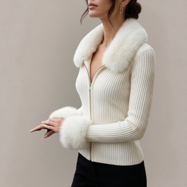 Marguerite - Women's Ribbed Zip Cardigan with Faux Fur Collar
