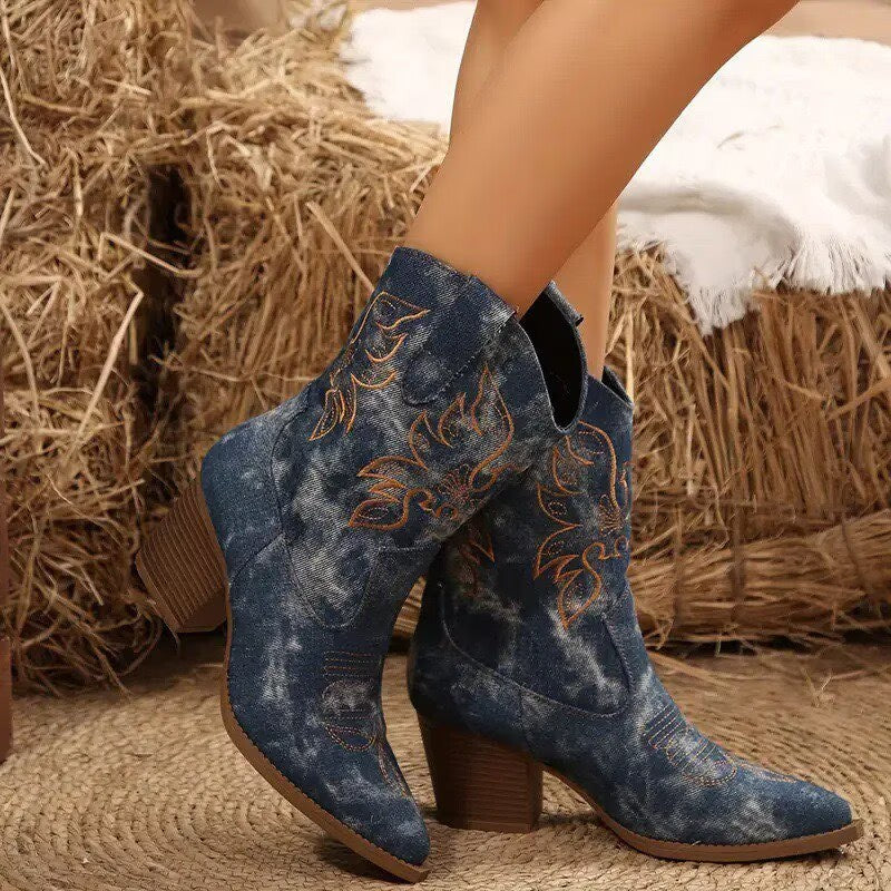 Matilda - Women's Denim Pointed Toe Cowboy Ankle Boots 1