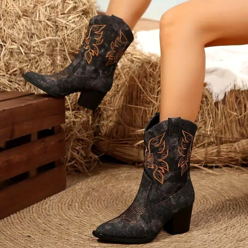Matilda - Women's Denim Pointed Toe Cowboy Ankle Boots 5