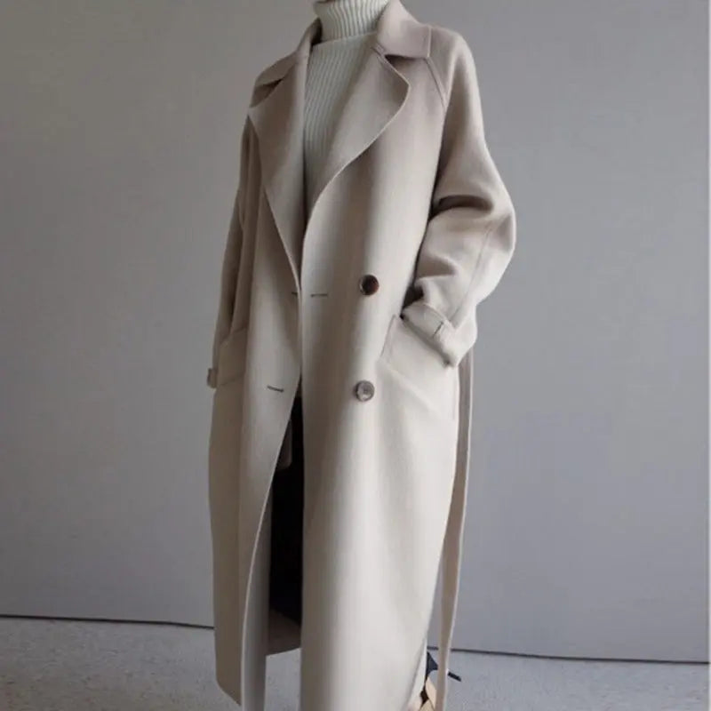 Minerva - Women's Button-Front Wool Coat with Notch Lapels